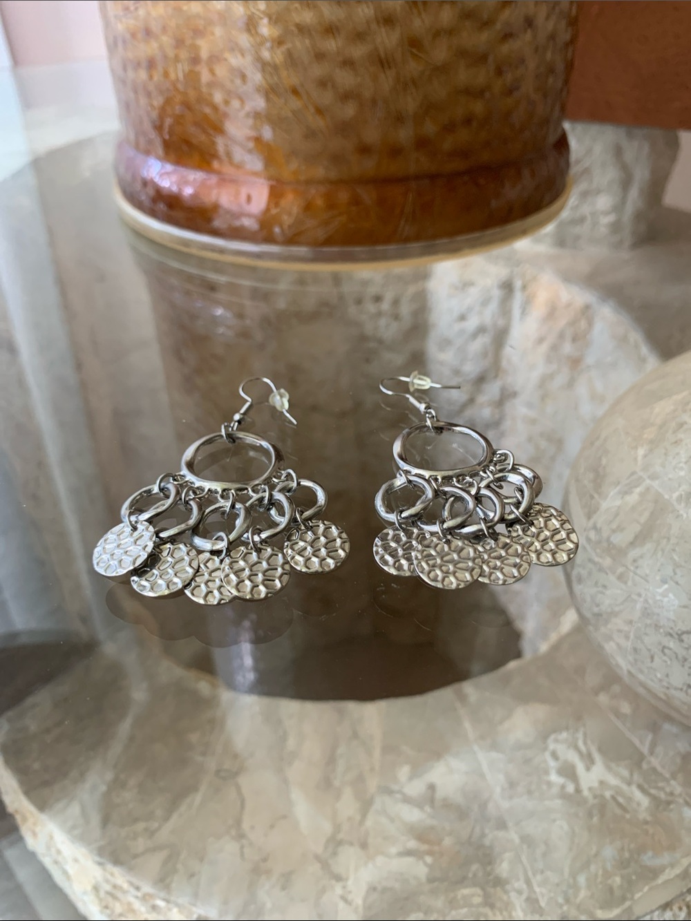 Silver Textured Disc Chandelier Earrings